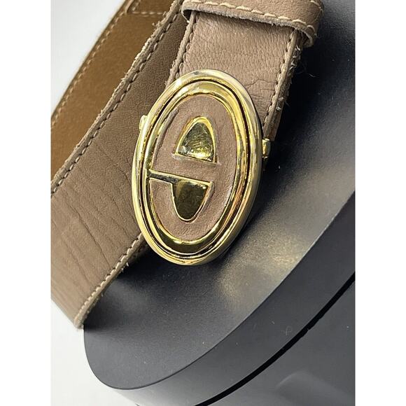 Christian Dior Tan Leather Belt Gold Tone Enamel Logo Buckle Sz Sm 30” - Picture 16 of 16